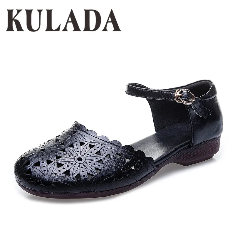 KULADA/Новинка Женские сандалии из натуральной кожи Мягкие кожаные на плоской