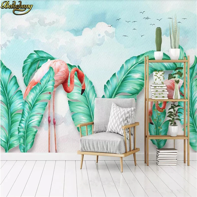 beibehang Custom Nordic painting tropical leaves flamingo Wallpaper Living Room TV Backdrop Ceiling Large wall paper background |
