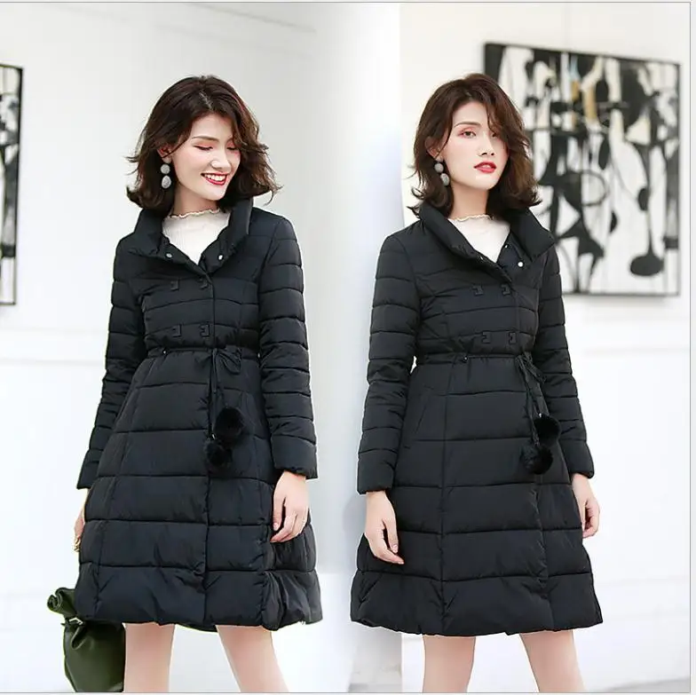Ботинки из органической кожи новые зимние Для женщин Jackets2018Fashion куртка А-силуэта хлопковая куртка Для женщин с пояса Кнопка зимние пальто со стоячим воротником ParkasCQ2508