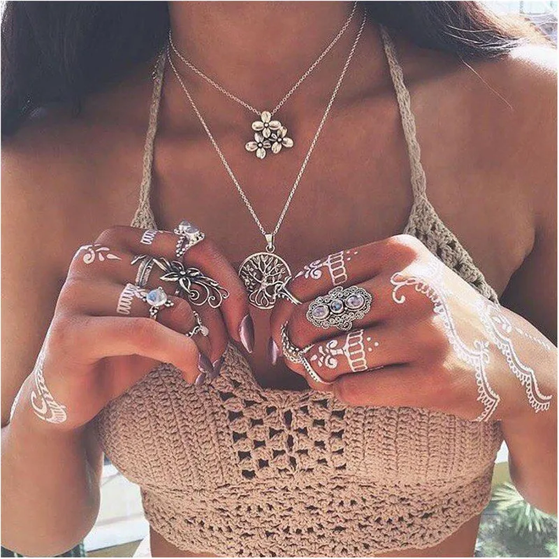 Flower Long Pendant Necklace for Women Fashion Layered Tree Choker Necklaces Bohemian Silver Color Collier Femme Jewelry | Украшения и