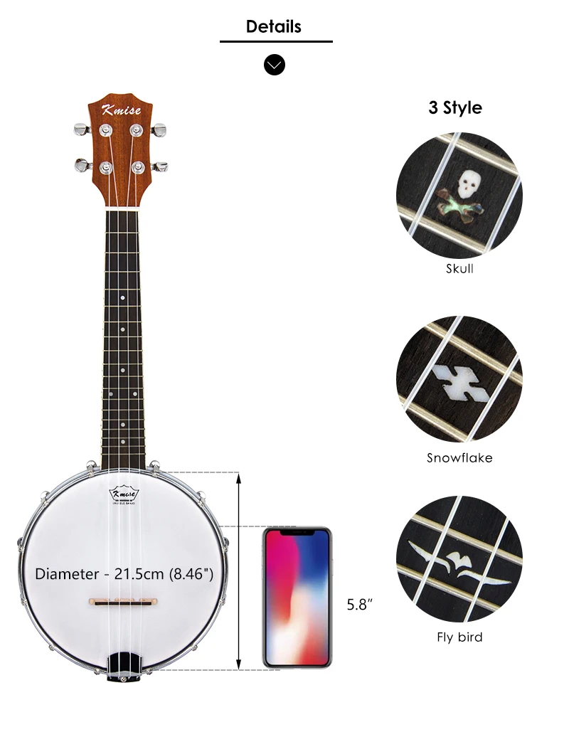 Kmise для укулеле, банджо, концертная Ukelele 4 струна Uke 23 дюймов Sapele полиэфирная пленка барабанная головка с тюнером Gig Bag