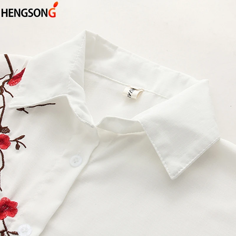 2018 Summer New Women Shirts White Cat Flower Embrodiery Shirt Female Casual Blouse Cotton Linen Student Tops Hot Sale |