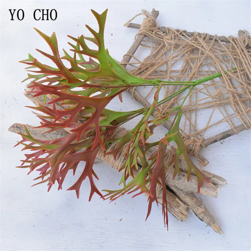 YO CHO 38cm Artificial Deer Horn Plants Plastic Greenery Wall Decoration Antler Leaf Grass Wedding Home Garden Decor Fake Plants