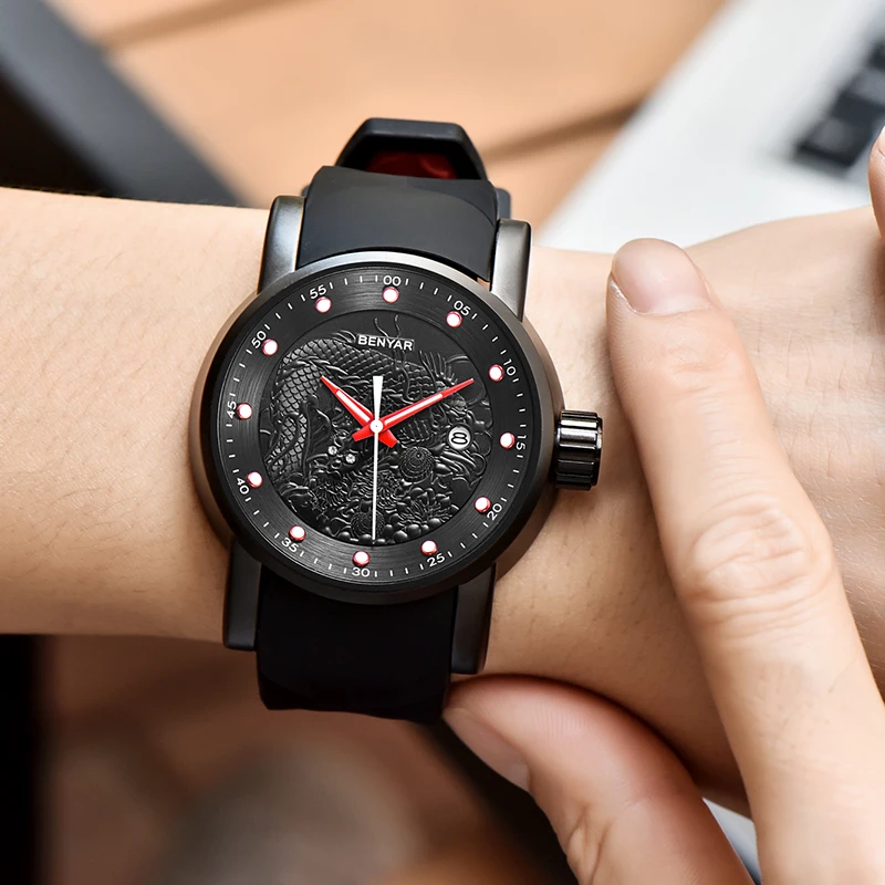 

BENYAR Business Fashion Silicone Strap Sport Clock Men's Watches Top Luxury Brand Dragon Sculpture Quartz Watch Men Reloj Hombre
