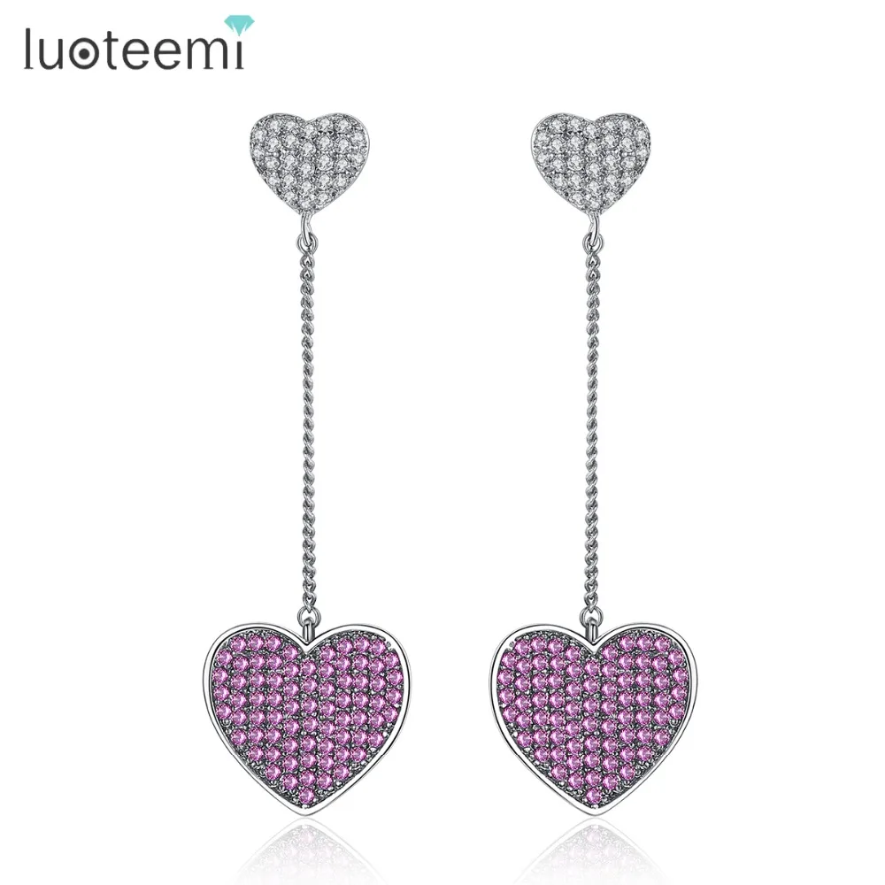Luoteemi Love подарок Двойное сердце Длинные висячие серьги микро прозрачный зеленый