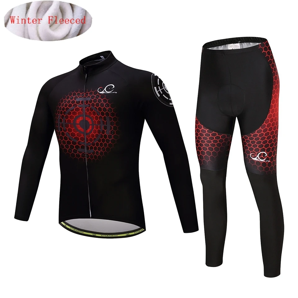 fleece set Зимний комплект одежды для велоспорта из теплого флиса, CYCEARTH, Мужская теплая трикотажная куртка, одежда велосипедная нагрудник, брюки, Maillot Ropa Ciclismo - Цвет: fleece set