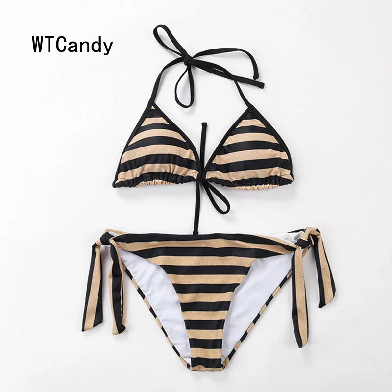 WTCandy 2019 Sexy Micro Bikini Bandage Swimsuit Beach Biquini Print Striped Swimwear Women Bandeau Bathing Suit New Swim Wear |