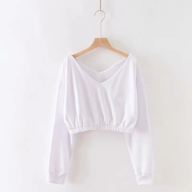 Глубокий V Neck Crop кофты Для женщин красный с длинным рукавом Sexy толстовки каваи