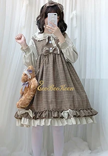 dress and headwear Косплей Аниме Лолита костюм хаки/серый британский плед платье кружева лук милые девушки взрослый Лолита японский сладкий принцесса платье девушка - Цвет: dress and headwear
