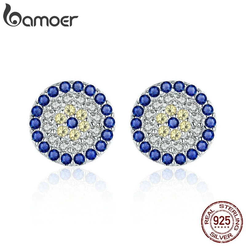 BAMOER, натуральная 925 пробы, серебряные, голубые глаза, прозрачный кубический циркон, кристалл, серьги-гвоздики для женщин, серебряные ювелирные изделия SCE057