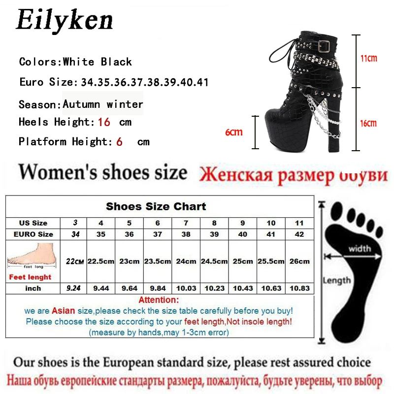 Eilyken; коллекция года; сезон осень-зима; модные женские ботинки на квадратном каблуке и платформе; ботинки для верховой езды с пряжкой; женские туфли-лодочки с цепочкой и заклепками; размер 40