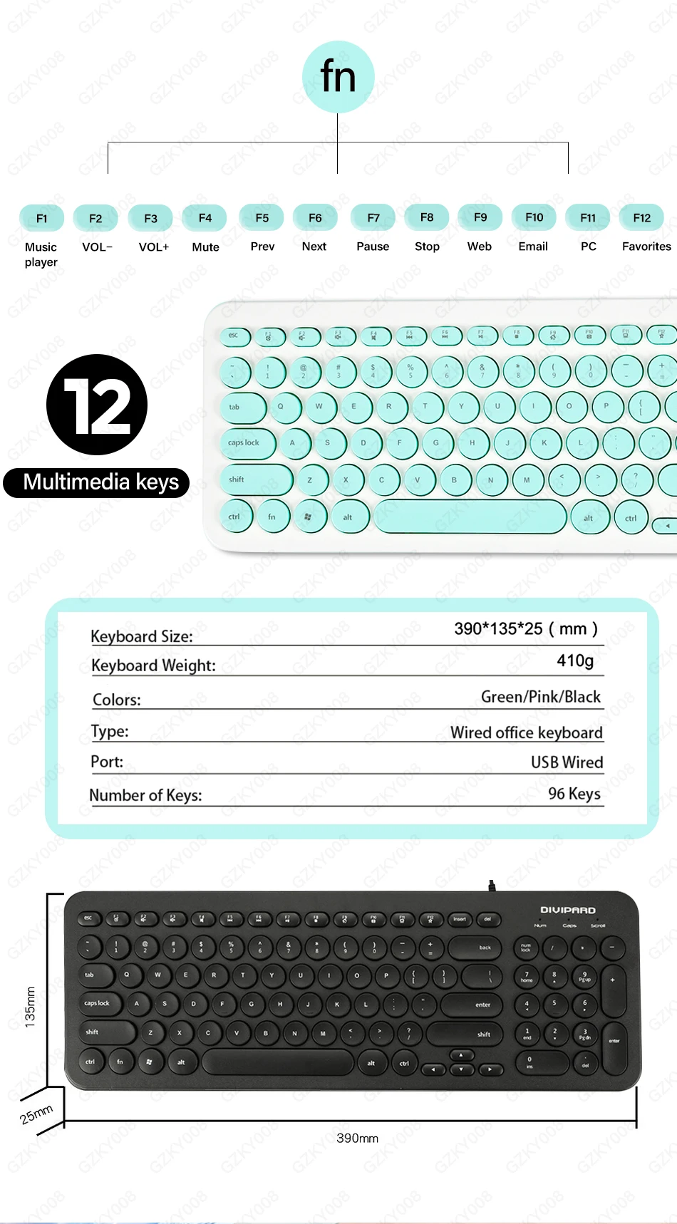 Ultra thin Keyboard Multimedia Wired USB 96 Keys Office Slim English Keyboard Black/Pink/Green