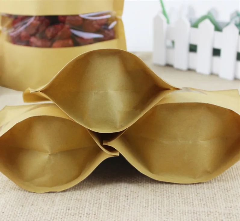 100 шт./лот-молния сверху стоячий пакет из крафт-бумаги с прозрачным окном для