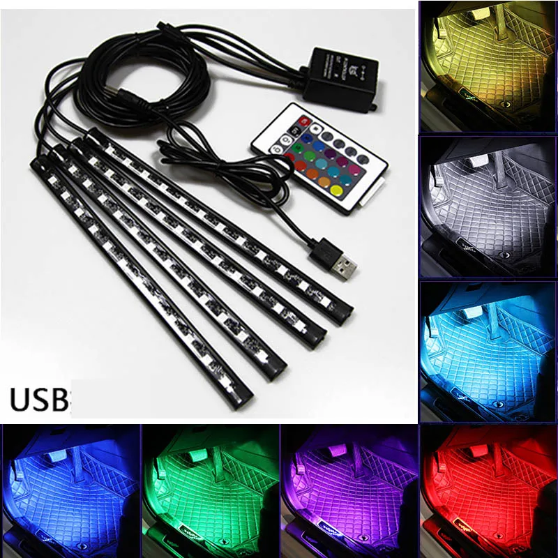 RGB-USB 4pcs Car RGB LED Strip Light LED Strip Lights Colors Car Styling Decorative Atmosphere Lamps Car Interior Light With 12V - Испускаемый цвет: RGB-USB