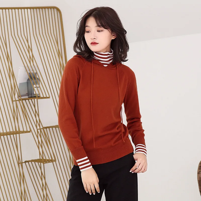 Женский свитер с капюшоном пуловеры из 100% кашемира и шерсти вязаные Джемперы