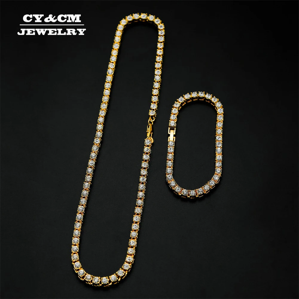 

5mm Men's Hip Hop Bling Bling Iced Out Tennis Chains 1 Row Necklaces Bracelet Crystal Luxury Gold Silver Color Men Chain Jewelry
