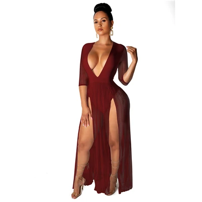 burgundy Adogirl платье-боди из прозрачной сетки в стиле пэчворк, сексуальное платье с глубоким v-образным вырезом и рукавом средней длины с высоким разрезом, вечерние платья макси для ночного клуба, летние платья - Цвет: burgundy