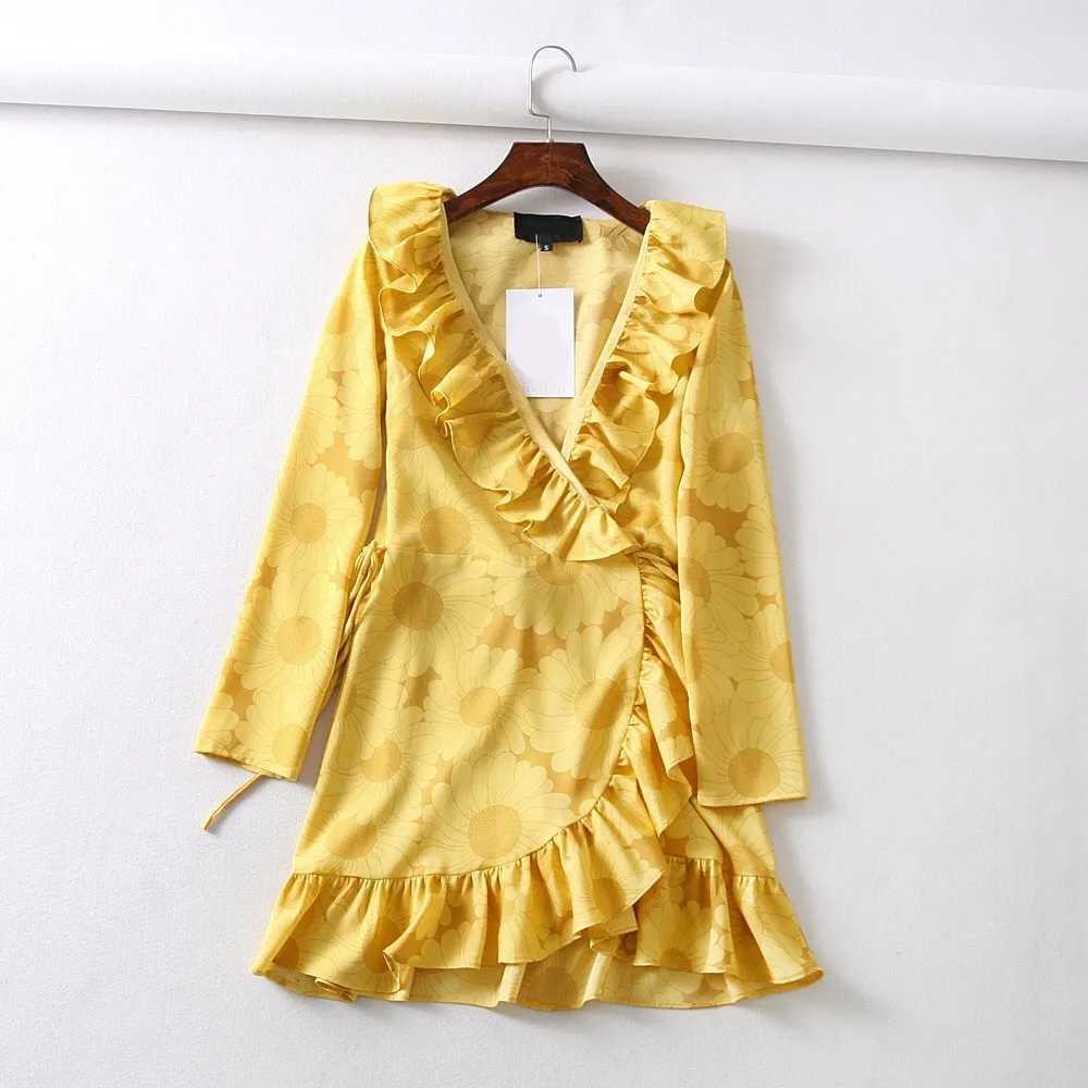 Женское винтажное платье с запахом шифоновое в горошек цветочным принтом V