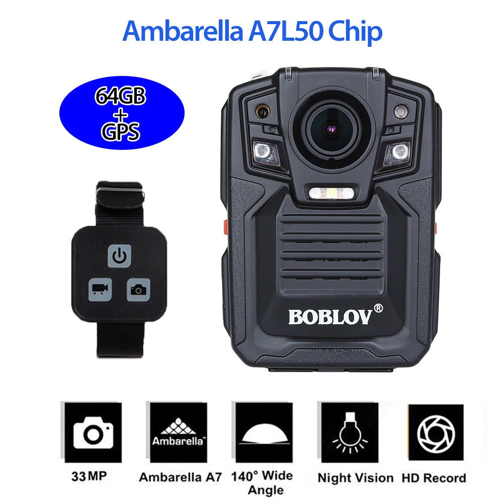 BOBLOV HD66-02 HD 1296P видеокамера, портативная полицейская камера безопасности, видеокамера Ambarella A7 с пультом дистанционного управления, 64 ГБ, полицейская камера gps