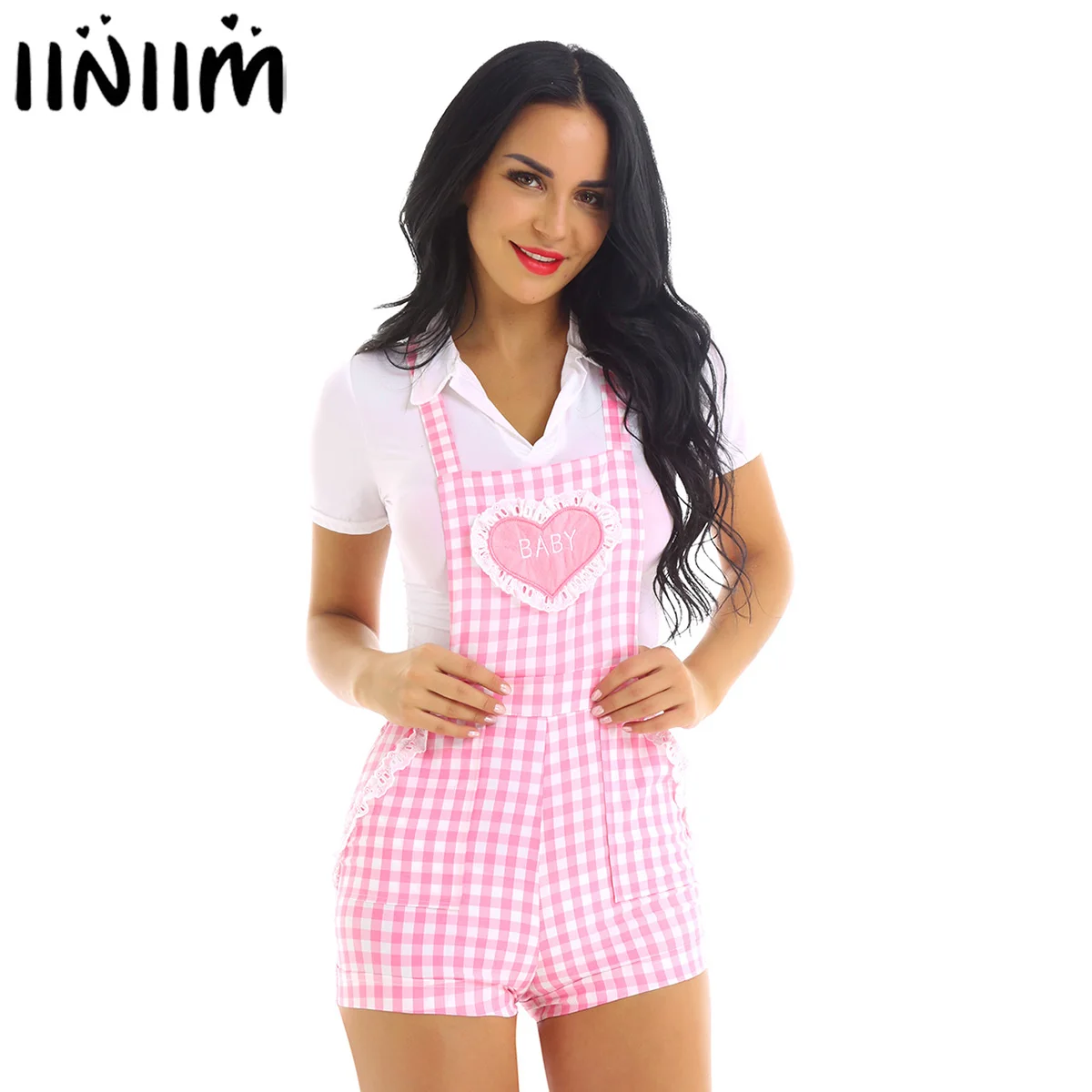 

Femme Womens Cute School Clothing Baby Patch Adjustable Straps Criss-cross Back Gingham Print Babydoll Short Overalls Shortalls