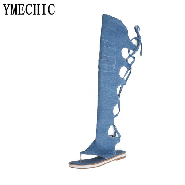 Синий YMECHIC/Коллекция года; цвет синий, черный; джинсовые сандалии-гладиаторы до колена с перекрестной шнуровкой; женские летние высокие ботинки из джинсовой ткани; женские сандалии размера плюс - Цвет: Синий
