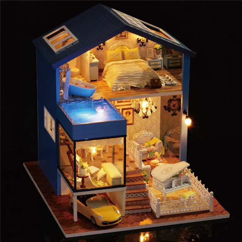 New KiWarm Fashion Wooden Assembled Cottage Dollhouse Miniature With Furniture LED Light Home Room Set Gift DIY Ornament | Игрушки и