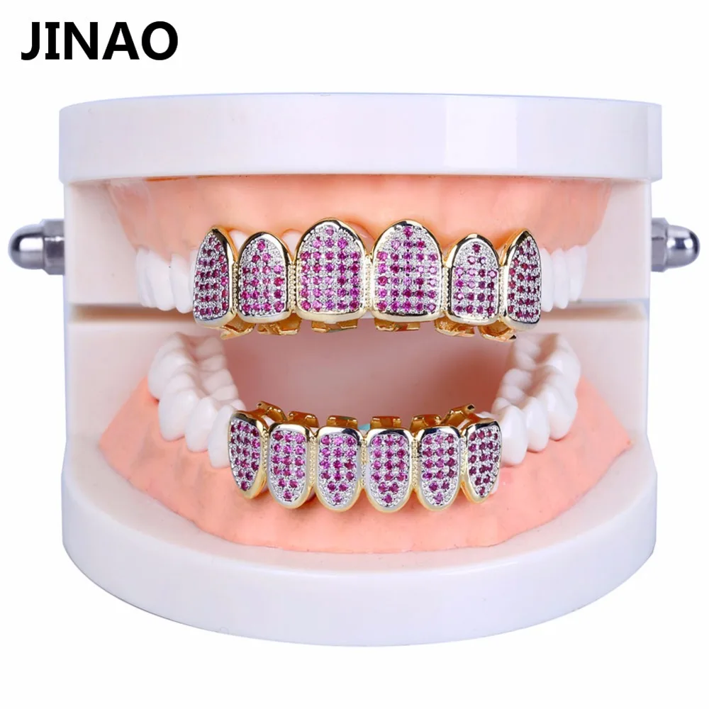 JINAO пользовательский подходят золотого цвета в стиле хип-хоп ЗУБЫ Grillz все Iced Out фуксия CZ Stonea микро мощеные женские верхние и нижние грили набор
