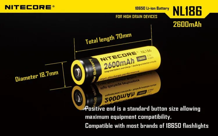 Высокая производительность разряда Nitecore NL186 2600 мАч 3,7 в литий-ионный 18650 Аккумулятор Перезаряжаемый с более чем 500 циклов
