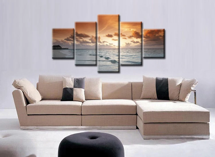 

5 Panel Wall Art Seaside Landscape Painting Sunset Seascape Canvas Prints Home Decor Picture for Living Room Framed J009-017