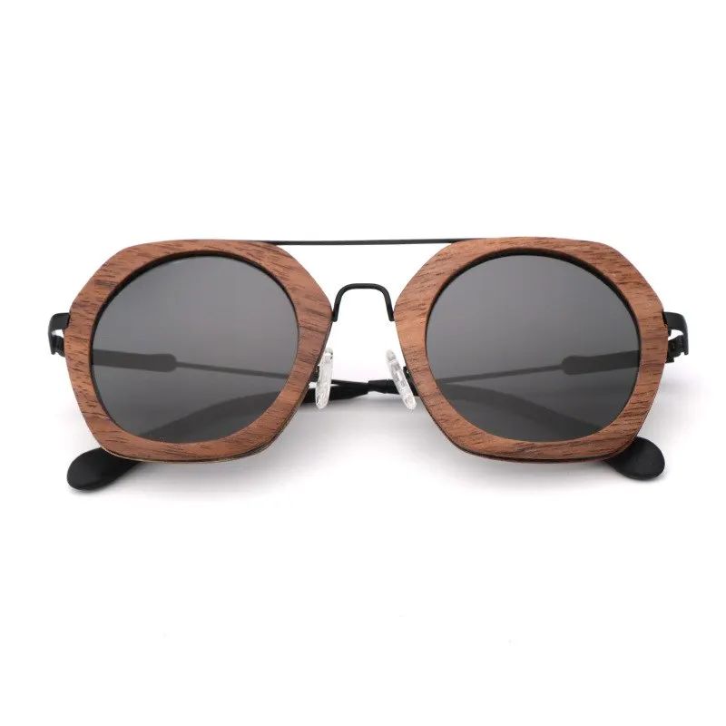 Gray lens Шестигранные большие деревянные солнцезащитные очки для мужчин и женщин, полированные линзы UV400, фирменный дизайн - Цвет линз: Gray lens