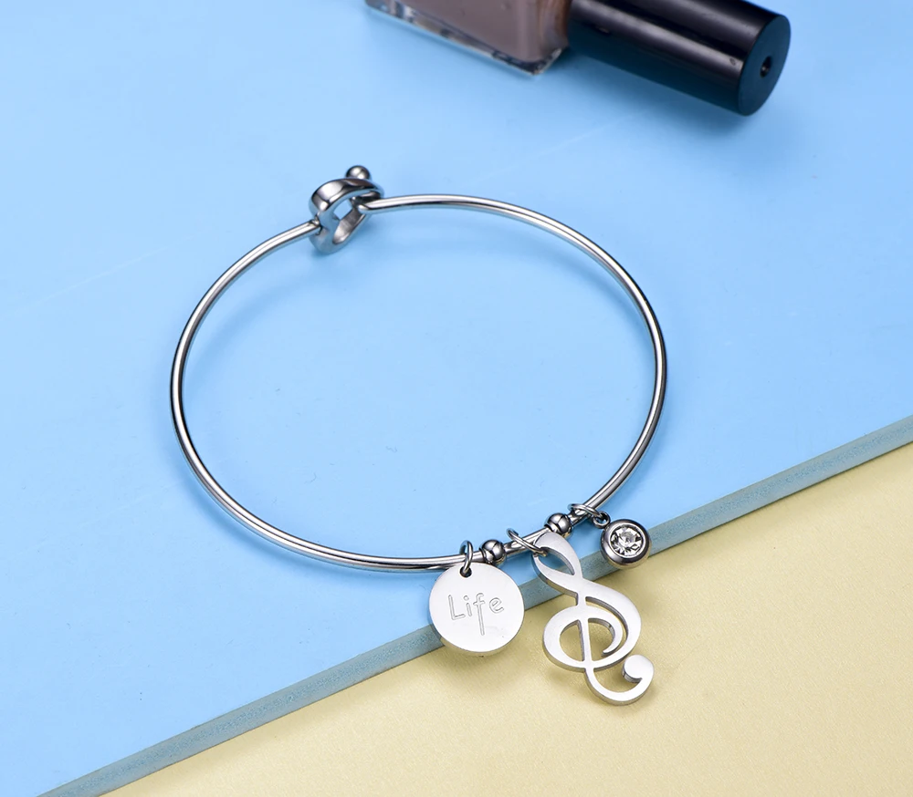 Женский браслет манжета из нержавеющей стали с шармами музыкальными нотами