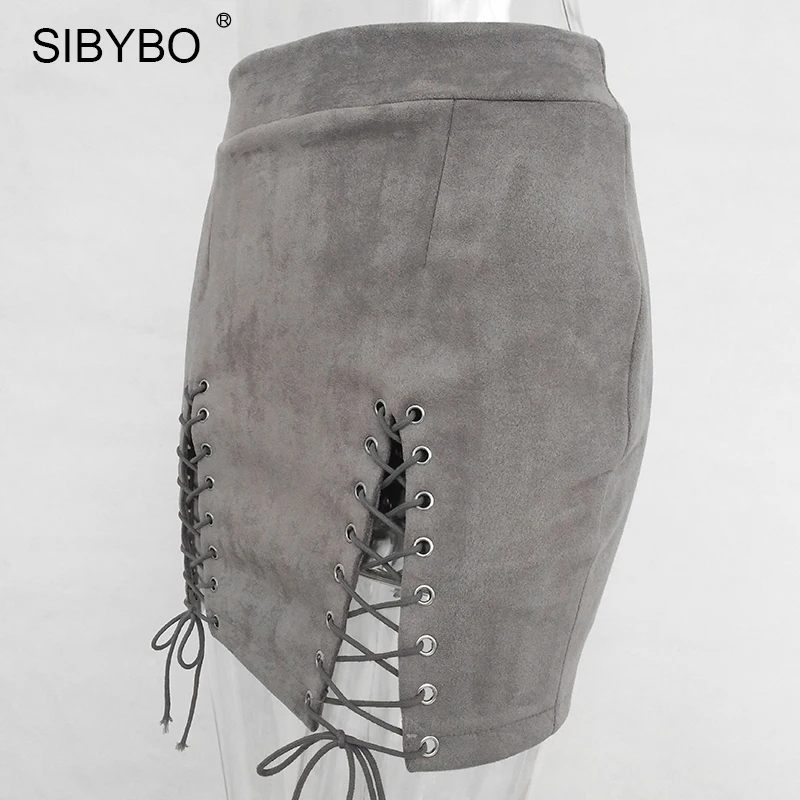 Sibybo, летняя замшевая кожаная женская юбка-карандаш на шнуровке,, высокая талия, Ретро стиль, на молнии, с разрезом, облегающие, мини, короткие юбки для женщин, s