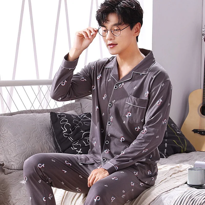 

100% Cotton Print Pajama Sets for Men 2019 Autumn Winter Long Sleeve Pyjama Sleepwear Suit Male Homewear Loungewear Home Clothes