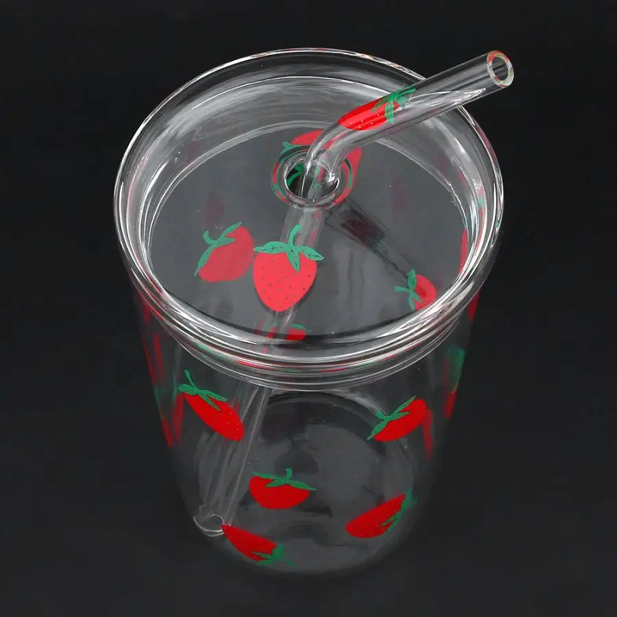 300ml Heat-Resisting Clear Lovely Strawberry Pattern Coffee Juice Drinking Water Glass Cup with Straw Lid