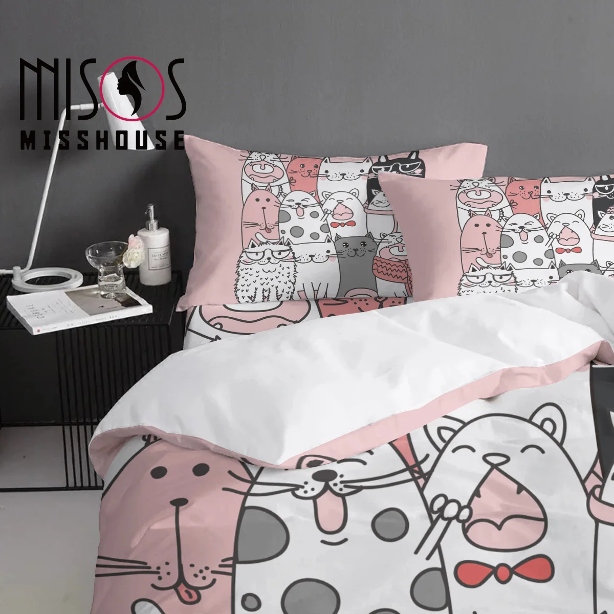 MISSHOUSE Cartoon Animal Cute Cats Duvet Cover Set Bed Sheets Comforter Pillowcases 4pcs Bedding Sets | Дом и сад