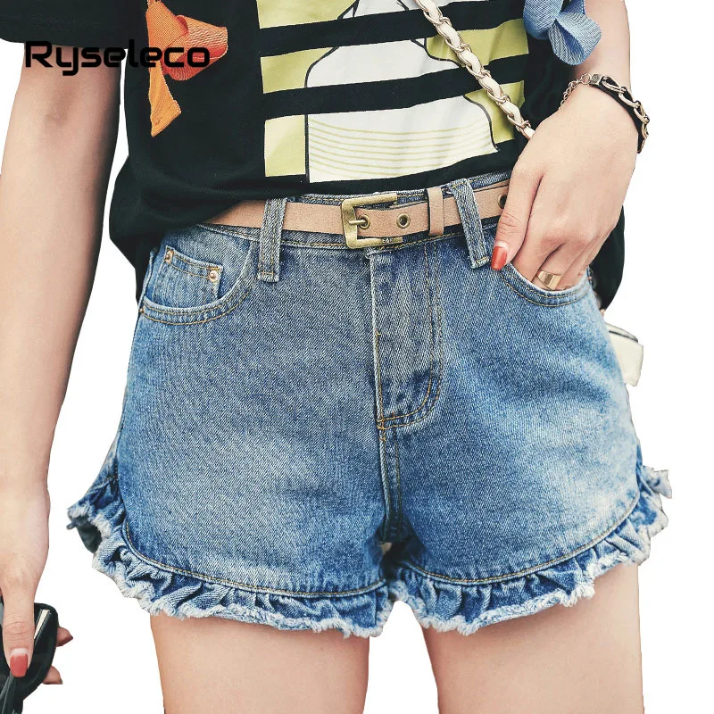 2018 Vintage Pleached Women Slim Classic Denim Shorts Summer Fashion Ruffles Patchwork High Waist Casual Basic Sexy Short Jeans | Женская