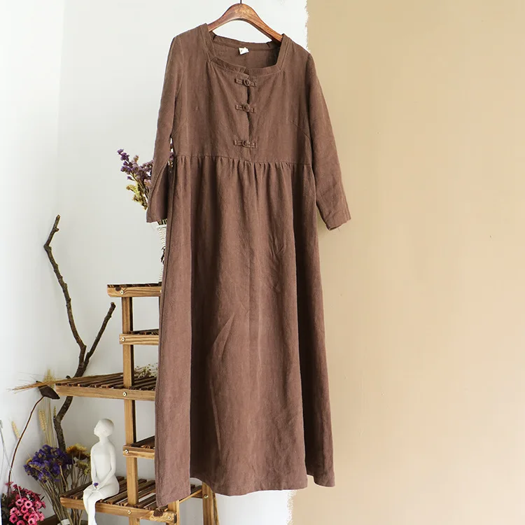Весеннее новое оригинальное хлопковое льняное платье с длинным рукавом