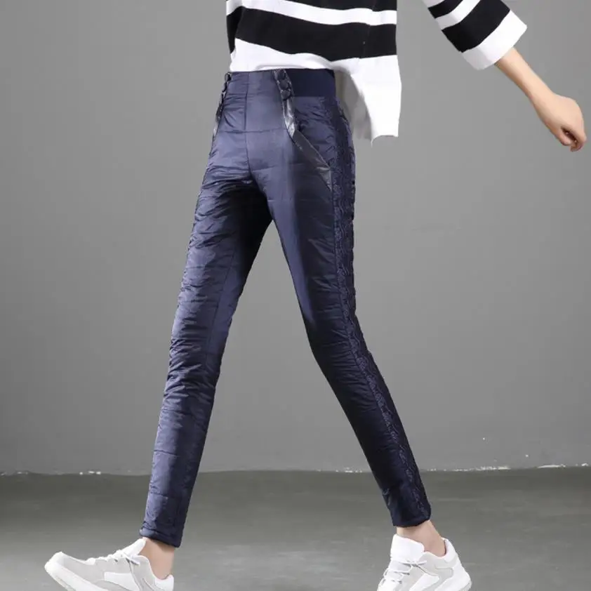 Новинка женские брюки с кружевом в стиле пэчворк зимние теплые плотные высокой