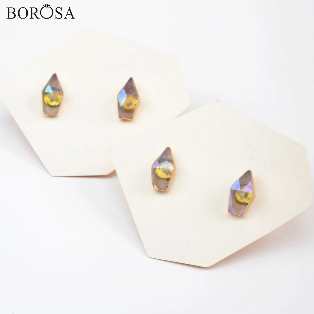 BOROSA 5/10 пар в комплекте; золотистые; натуральный белый кварцевый Титан AB покрытие граненый серьги-гвоздики с украшением в виде кристаллов кварца Для женщин серьги ювелирные изделия из жемчуга G1850