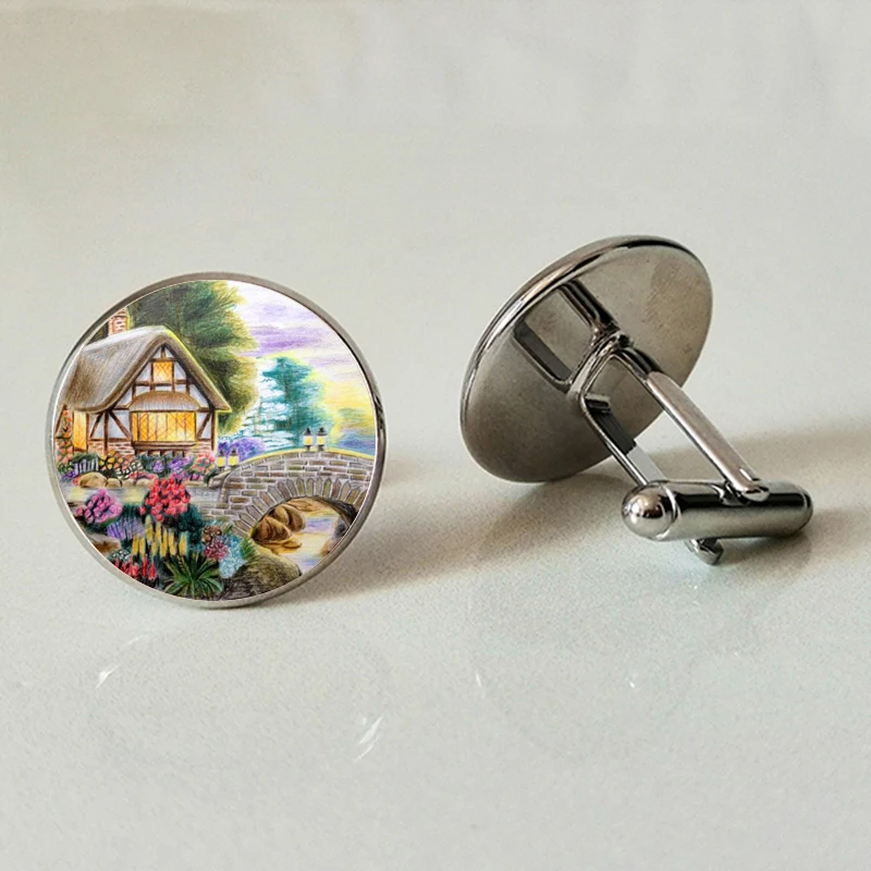 Watercolor art high quality glass cufflinks men's shirt jewelry watercolor convex round for gifts | Украшения и аксессуары
