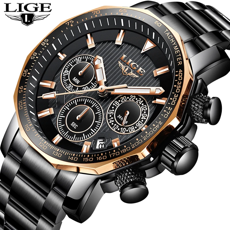 Часы наручные LIGE Мужские кварцевые роскошные брендовые водонепроницаемые
