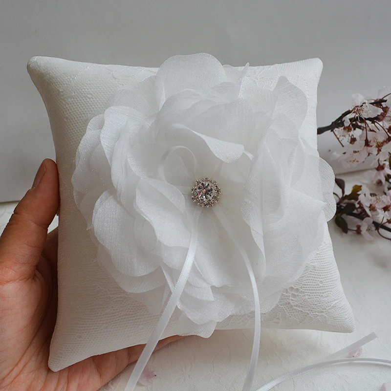 Beautiful Big Flower Wedding Ring Pillow Silks and satins Rhinestone Cushion Bride Decorations 15X15cm | Дом и сад