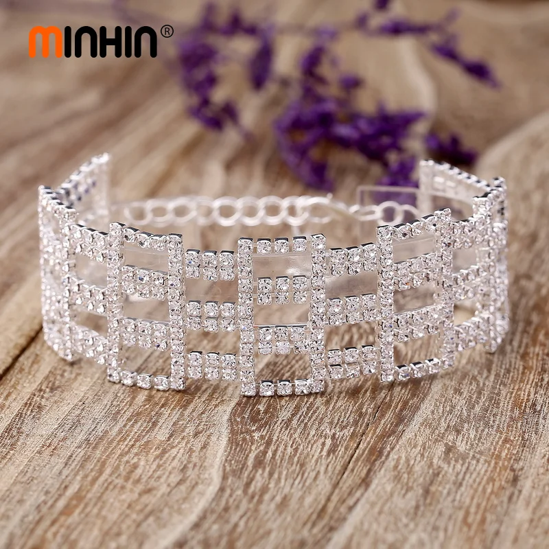 MINHIN Bracelet For Women Sparkling Rhinestone Mosaic Geometric Design Wide Hollow Bangles Wedding Jewelry | Украшения и