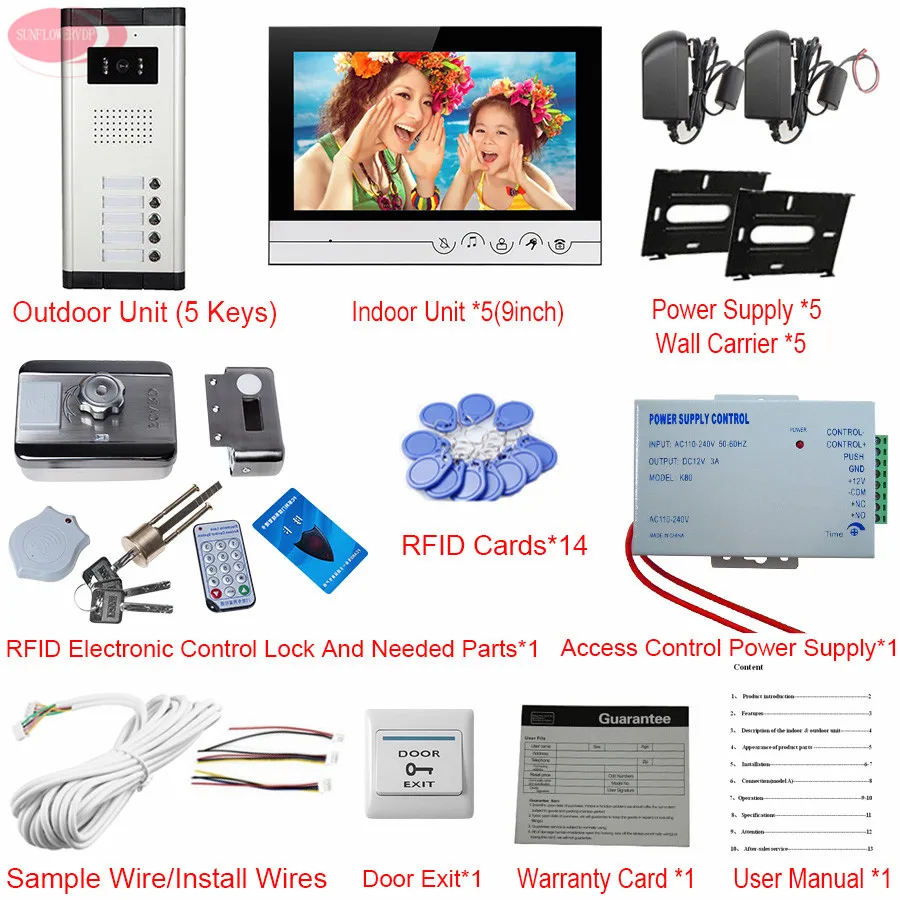 5 Apartments Wired Video Door Entry Video Doorman House Cable 9inch Color Video Door Phone Doorbell Rfid Unlock Electronic Lock