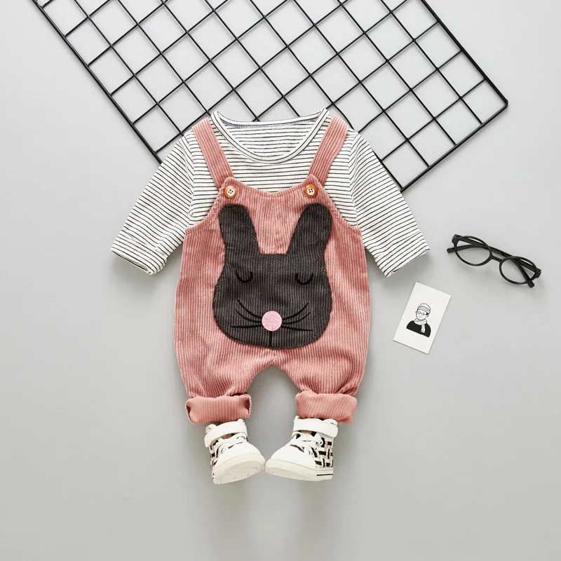WNXXmaomi Pink Весна для маленьких девочек; костюмы для младенцев Одежда для маленьких детей хлопковая футболка в полоску для мальчиков и девочек с рисунком кота из мультфильма комбинезон 2 шт./компл. костюм - Цвет: WNXXmaomi Pink