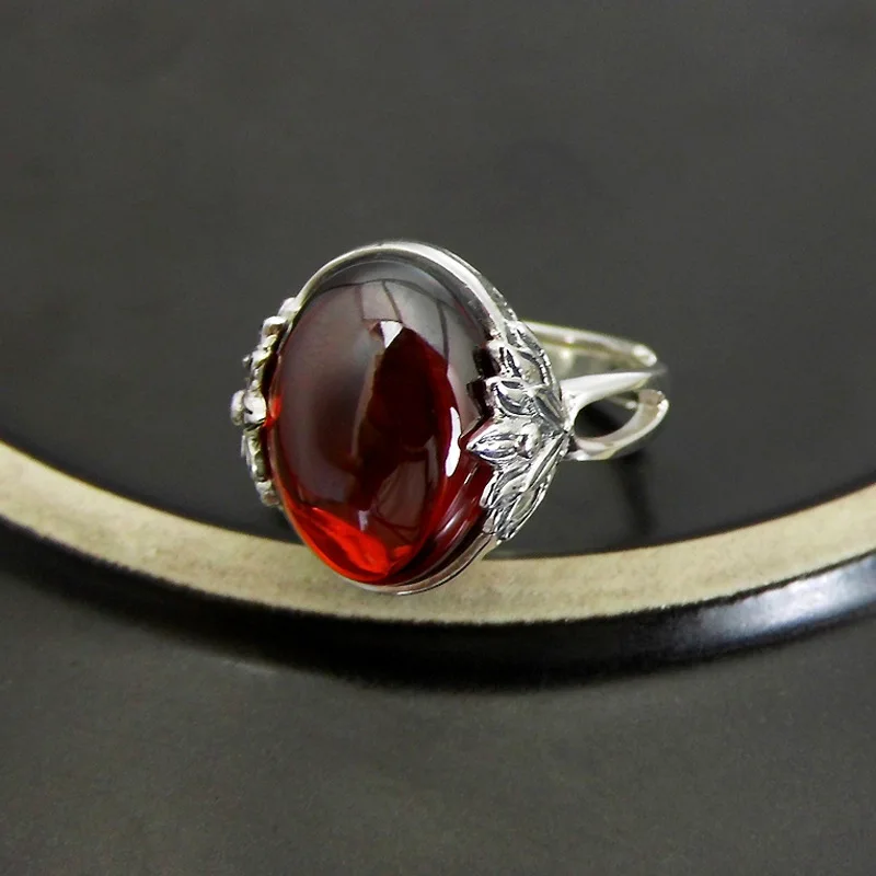 

925 Sterling Silver Jewelry Silver Vintage Green red corundum yellow lotus opening ring