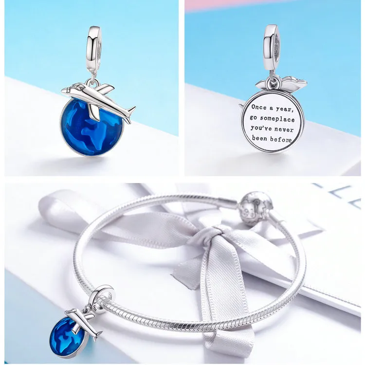 Fit Pandora браслет серебро 925 синяя эмаль земля подвеска в виде самолета S925 мир путешествия путешествие пилот истребитель бисер