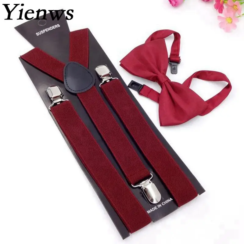 Yienws Wholesale 50 piece Bow Tie Suspenders Sets For Women Men Red Pink Burgundy Brace Suspensorio Unisex YiA037 |