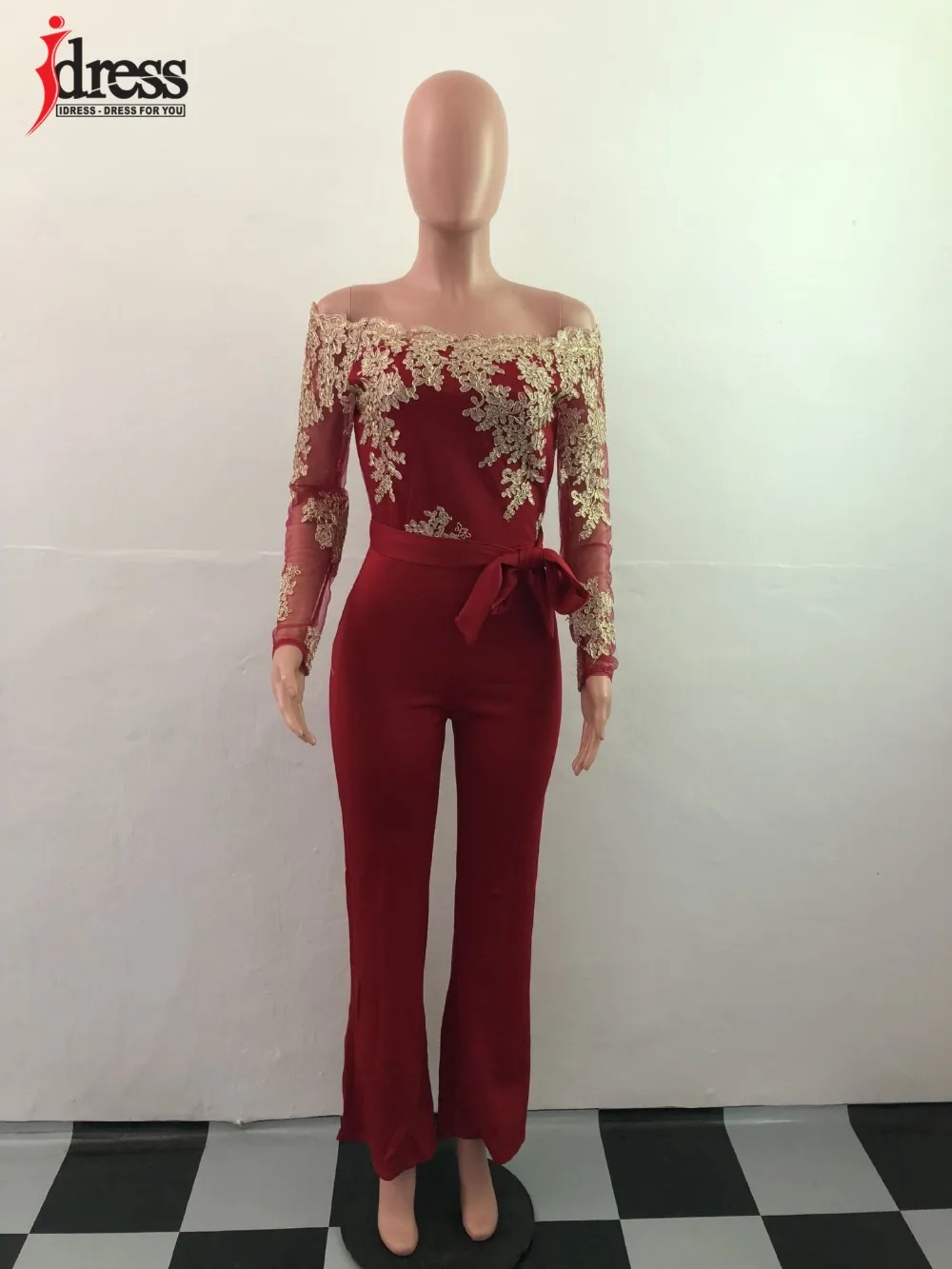 IDress Новинка весна осень женские сексуальные с длинным рукавом черные Золотые Кружева Slash шеи Пояса боди элегантный женский комбинезон