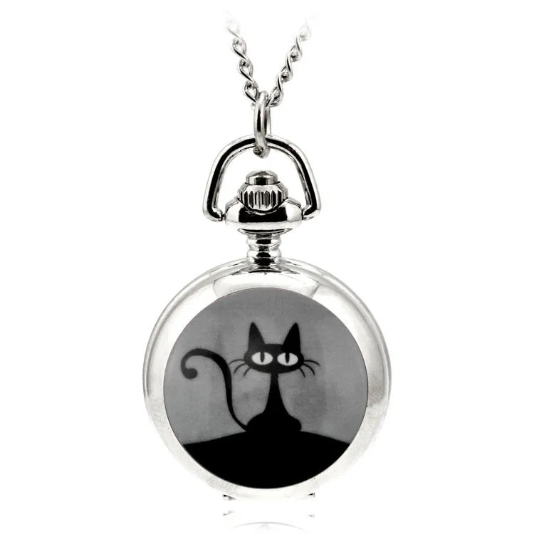 Ретро карманные часы эмалированные с кошкой Cartton Love кварцевые кинетические